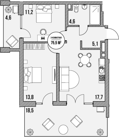 Планировка — МореТут, 2-комн., 52 м²