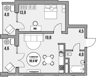 Планировка — МореТут, 1-комн., 42 м²