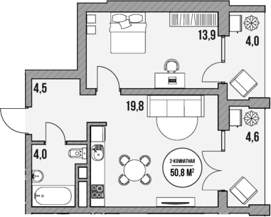 Планировка — МореТут, 1-комн., 42 м²