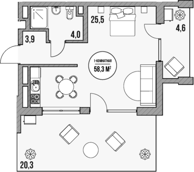 Планировка — МореТут, Студия, 33 м²