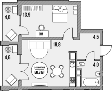 Планировка — МореТут, 1-комн., 42 м²