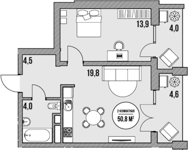Планировка — МореТут, 1-комн., 42 м²