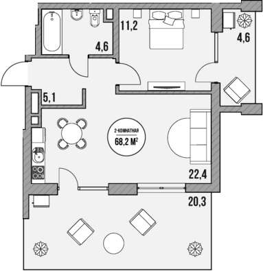 Планировка — МореТут, 1-комн., 43 м²
