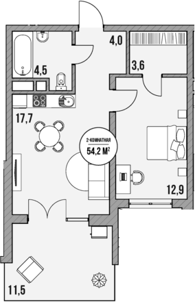 Планировка — МореТут, 1-комн., 43 м²