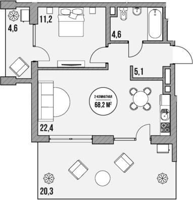 Планировка — МореТут, 1-комн., 43 м²