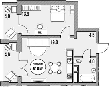 Планировка — МореТут, 1-комн., 42 м²