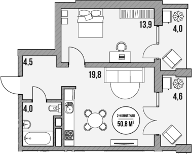 Планировка — МореТут, 1-комн., 42 м²
