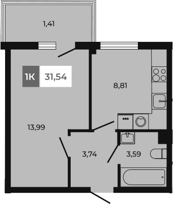 Планировка — Соседи, 1-комн., 30 м²