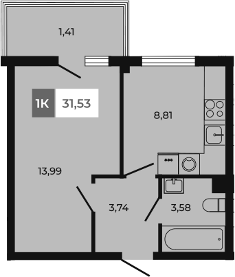 Планировка — Соседи, 1-комн., 30 м²
