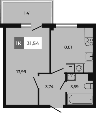 Планировка — Соседи, 1-комн., 30 м²