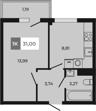 Планировка — Соседи, 1-комн., 30 м²