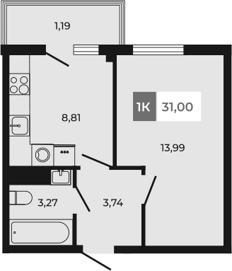Планировка — Соседи, 1-комн., 30 м²