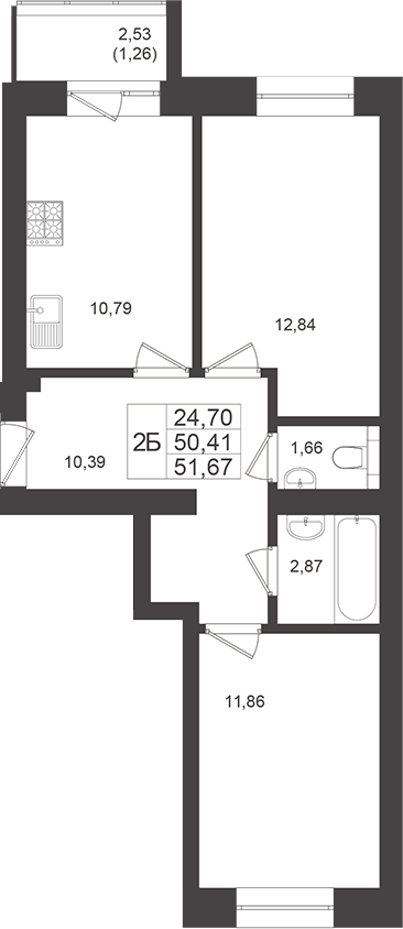 Планировка — Достояние, 2-комн., 50 м²