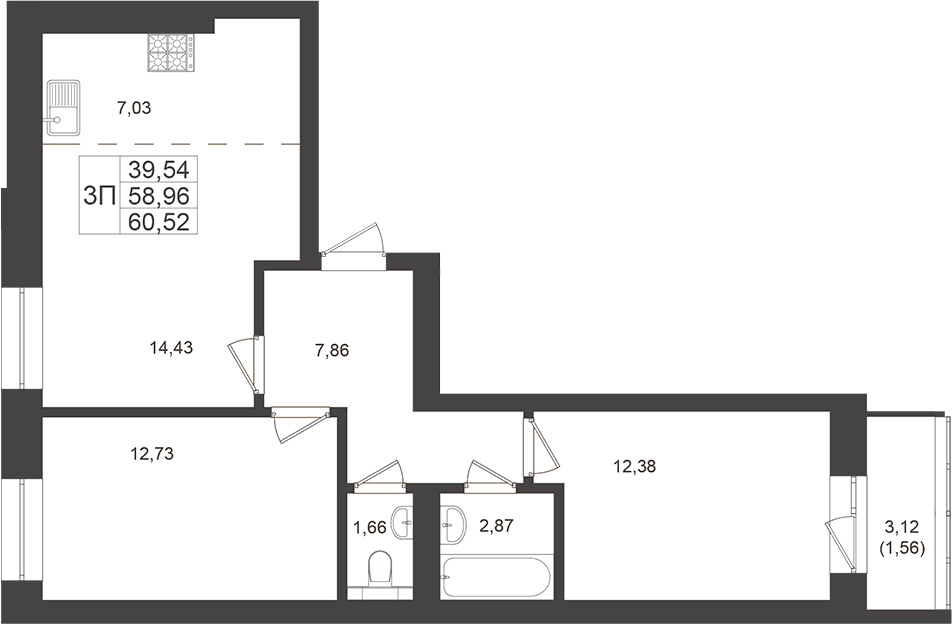 Планировка — Достояние, 2-комн., 59 м²