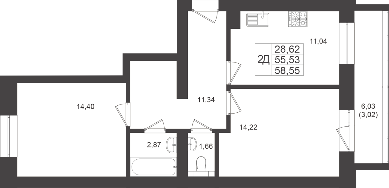 Планировка — Достояние, 2-комн., 56 м²