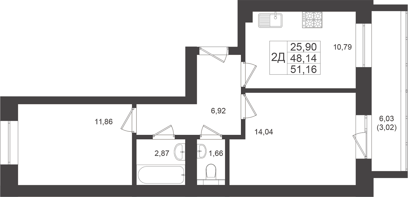 Планировка — Достояние, 2-комн., 49 м²