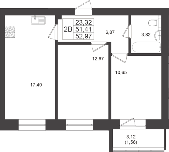 Планировка — Достояние, 2-комн., 53 м²