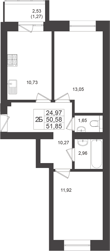 Планировка — Достояние, 2-комн., 51 м²