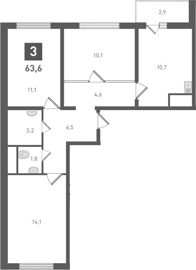 Планировка — Левенцовка парк, 3-комн., 62 м²