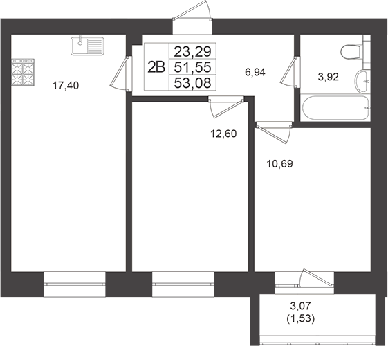 Планировка — Достояние, 2-комн., 52 м²