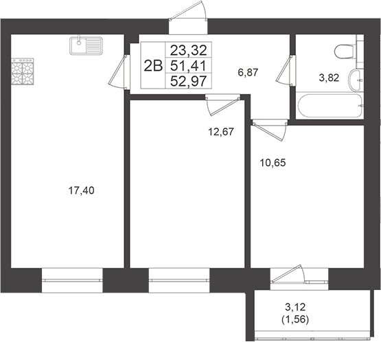 Планировка — Достояние, 2-комн., 51 м²