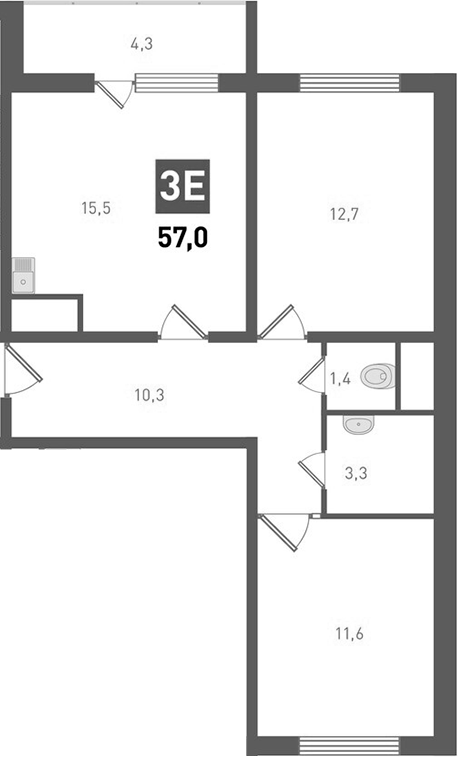 Планировка — Левенцовка парк, 3-комн., 55 м²