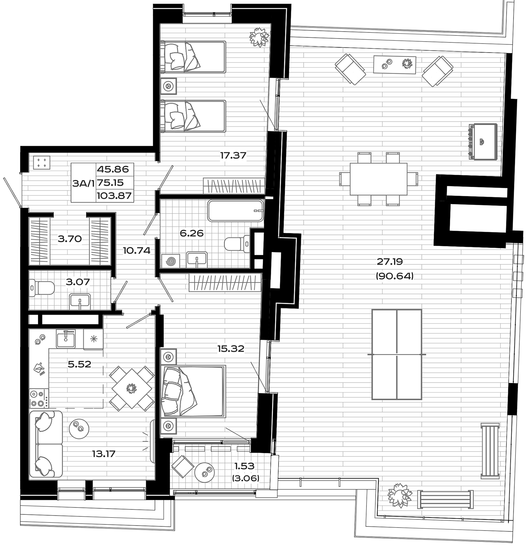 Планировка — Максат, 3-комн., 75 м²