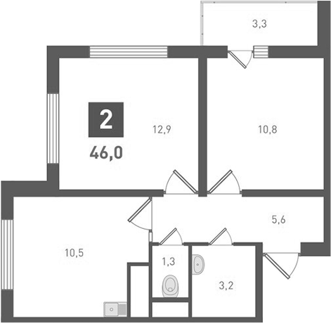 Планировка — Левенцовка парк, 2-комн., 44 м²