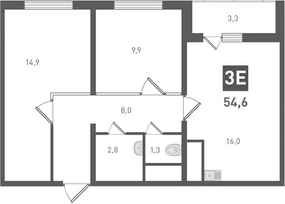 Планировка — Левенцовка парк, 3-комн., 53 м²