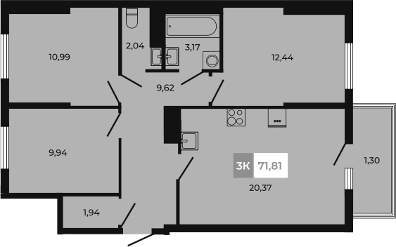 Планировка — Соседи, 3-комн., 71 м²