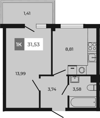 Планировка — Соседи, 1-комн., 30 м²