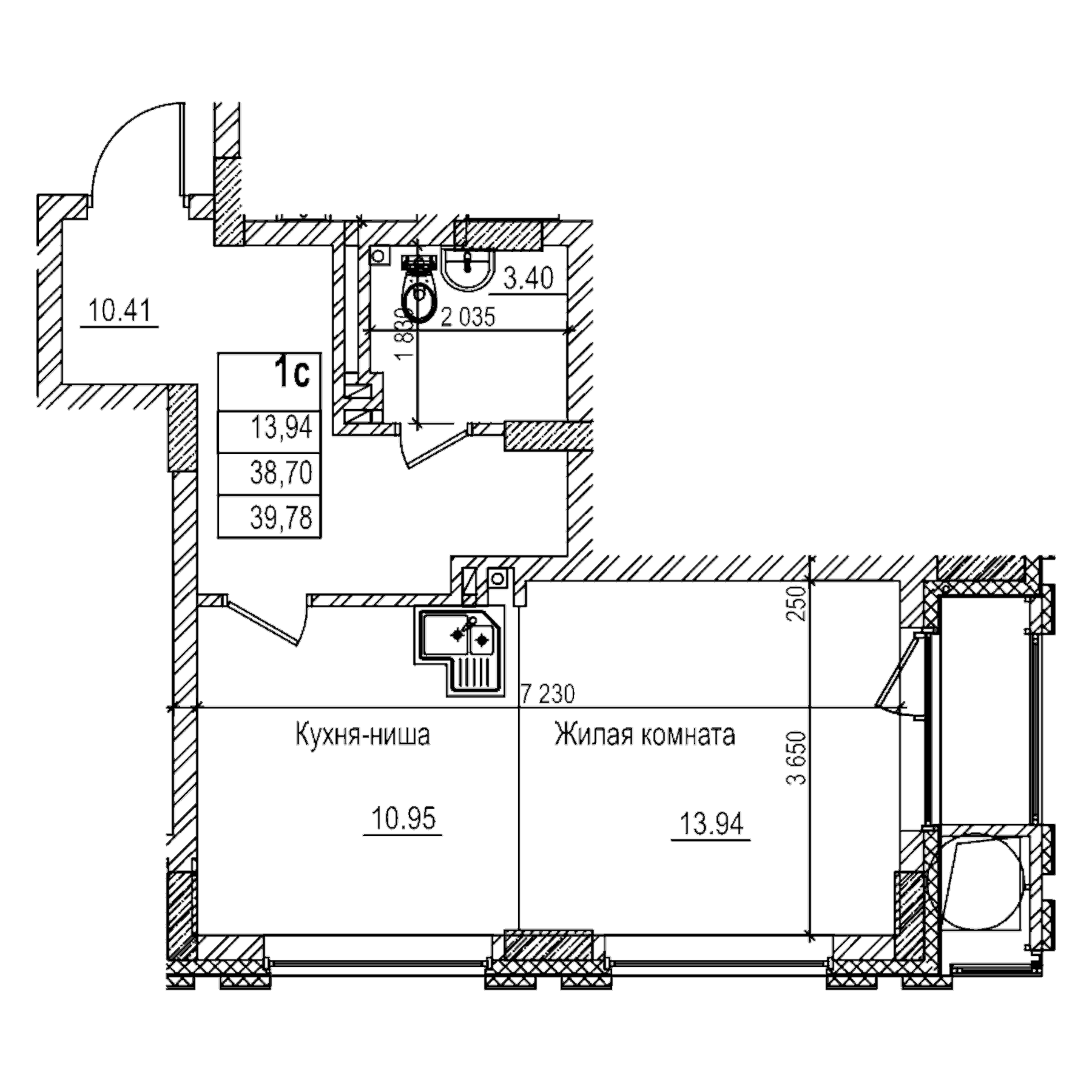 Планировка — Чернышевский, Студия, 39 м²