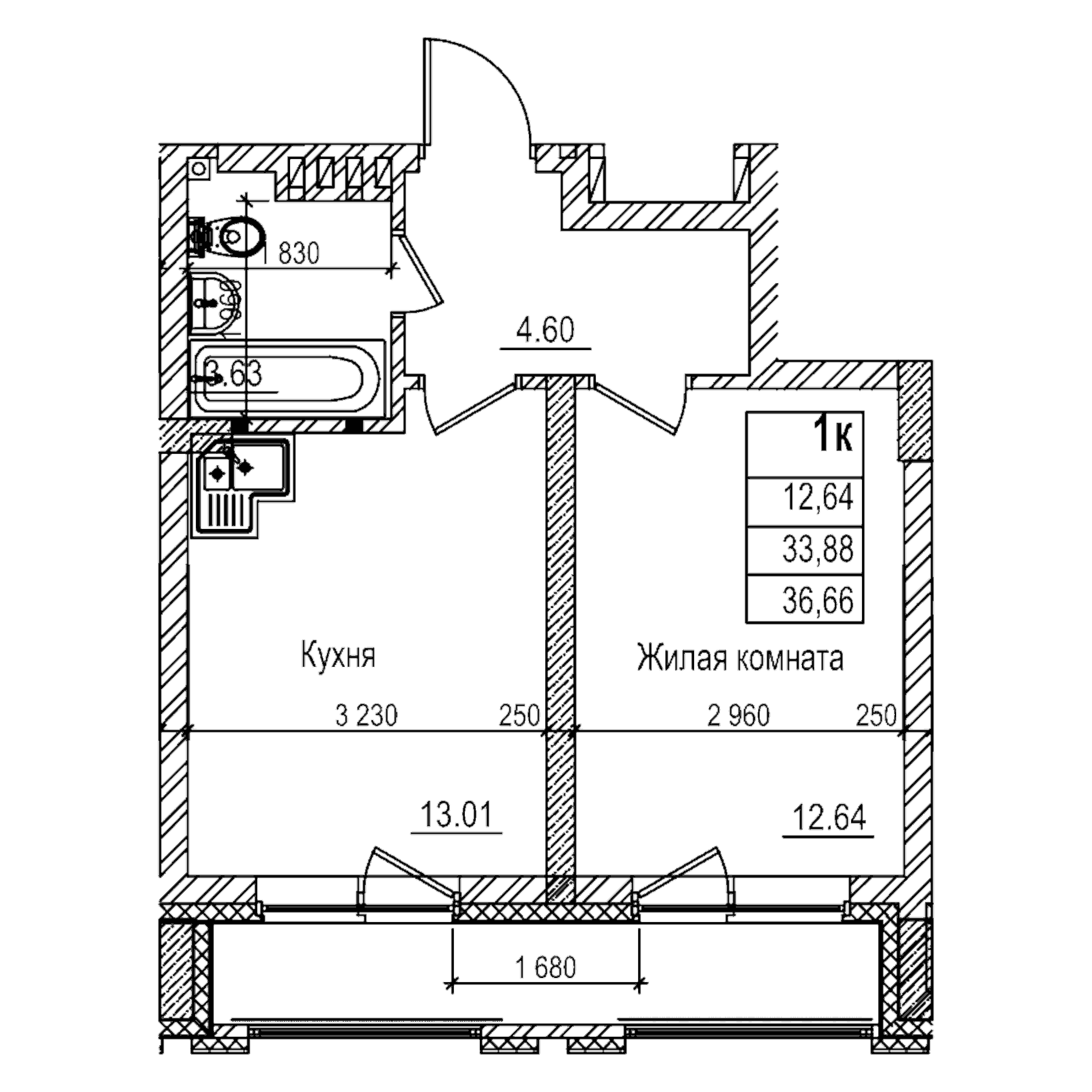 Планировка — Чернышевский, 1-комн., 34 м²
