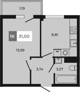 Планировка — Соседи, 1-комн., 30 м²