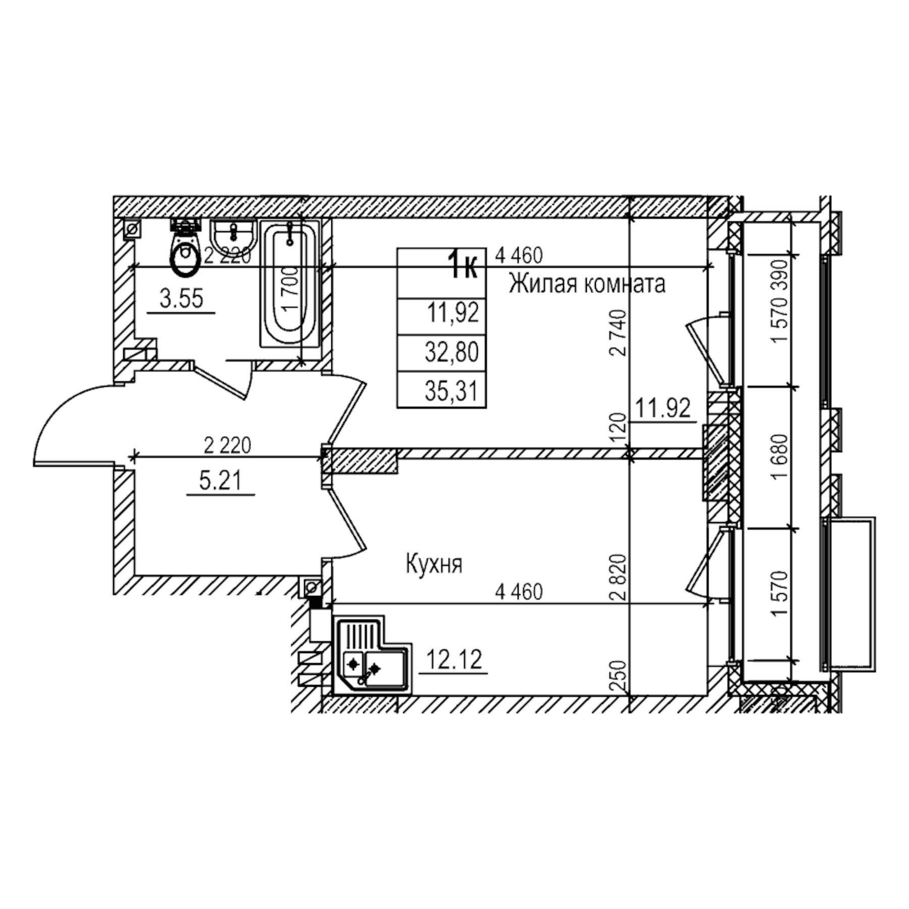 Планировка — Чернышевский, 1-комн., 33 м²