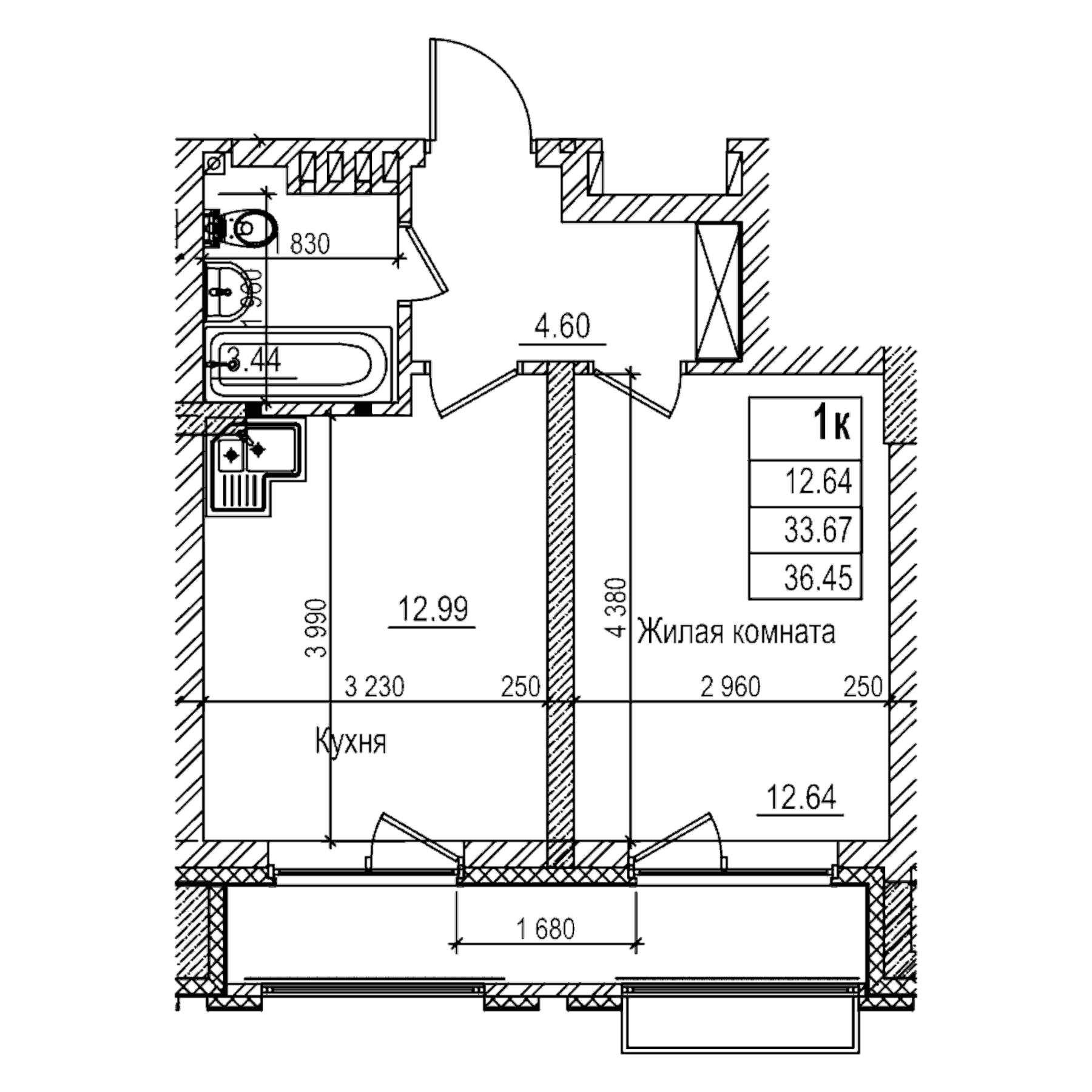 Планировка — Чернышевский, 1-комн., 34 м²