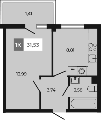 Планировка — Соседи, 1-комн., 30 м²