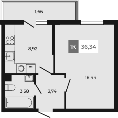 Планировка — Соседи, 1-комн., 35 м²