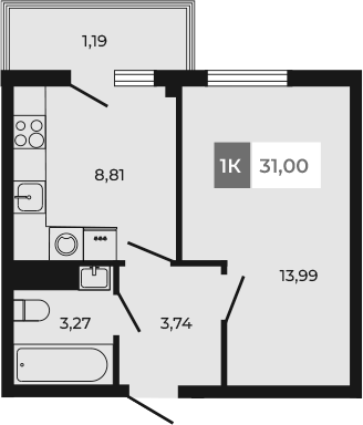 Планировка — Соседи, 1-комн., 30 м²