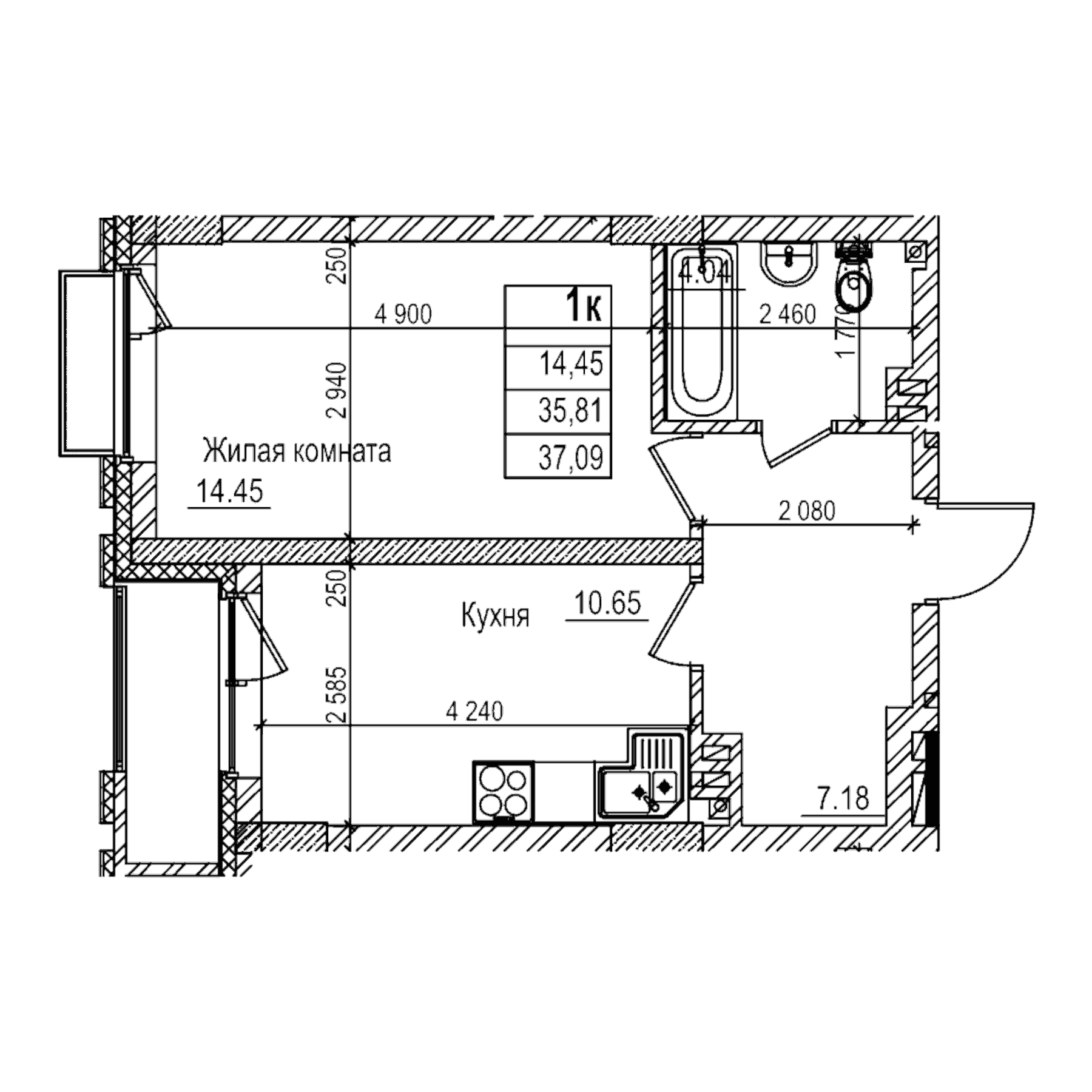 Планировка — Чернышевский, 1-комн., 36 м²