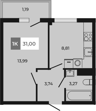 Планировка — Соседи, 1-комн., 30 м²