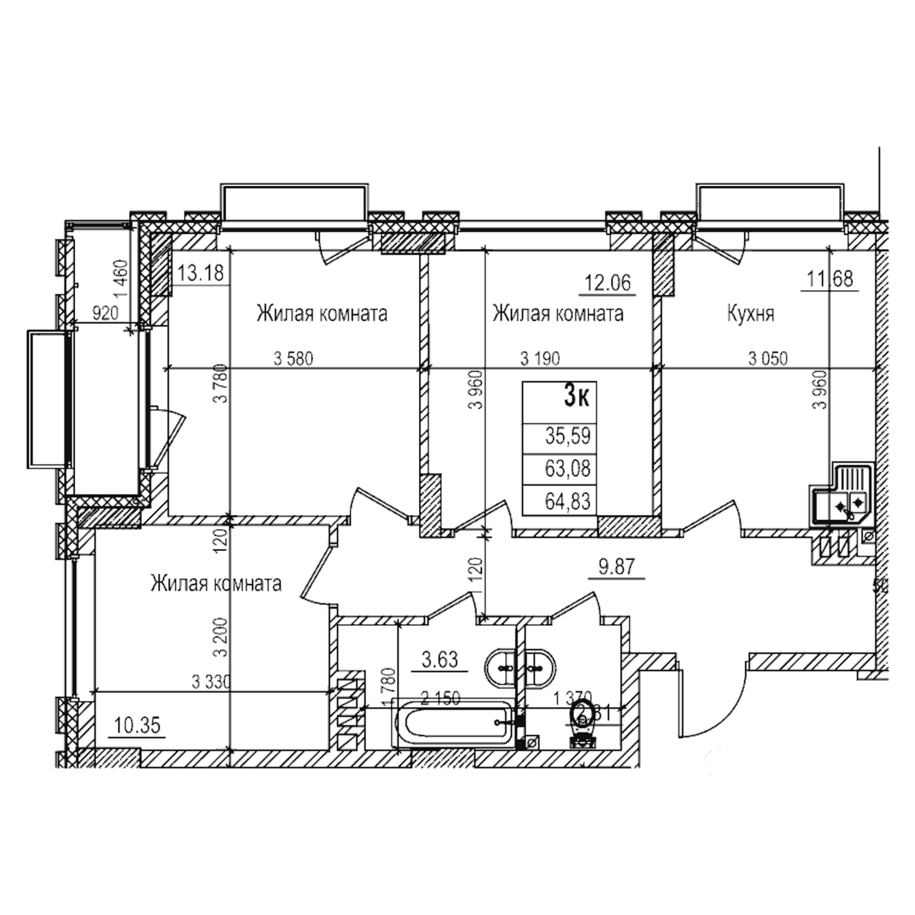 Планировка — Чернышевский, 3-комн., 63 м²