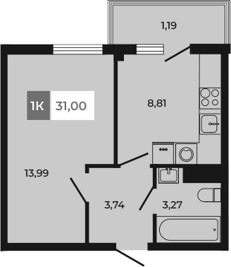 Планировка — Соседи, 1-комн., 30 м²