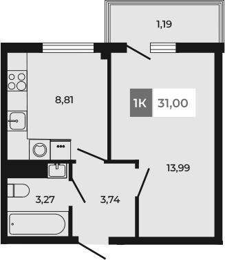 Планировка — Соседи, 1-комн., 30 м²