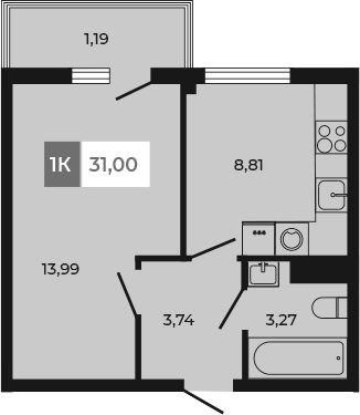 Планировка — Соседи, 1-комн., 30 м²