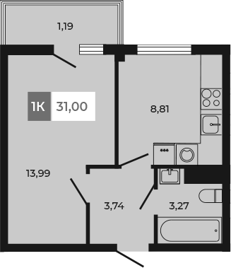 Планировка — Соседи, 1-комн., 30 м²