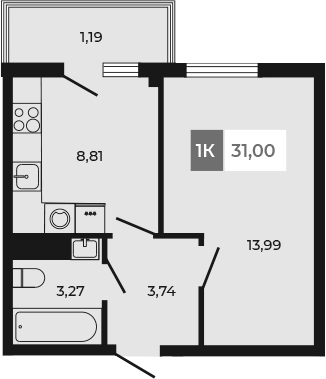 Планировка — Соседи, 1-комн., 30 м²
