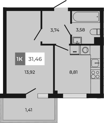 Планировка — Соседи, 1-комн., 30 м²
