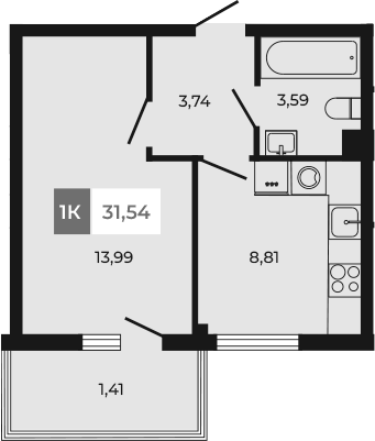 Планировка — Соседи, 1-комн., 30 м²