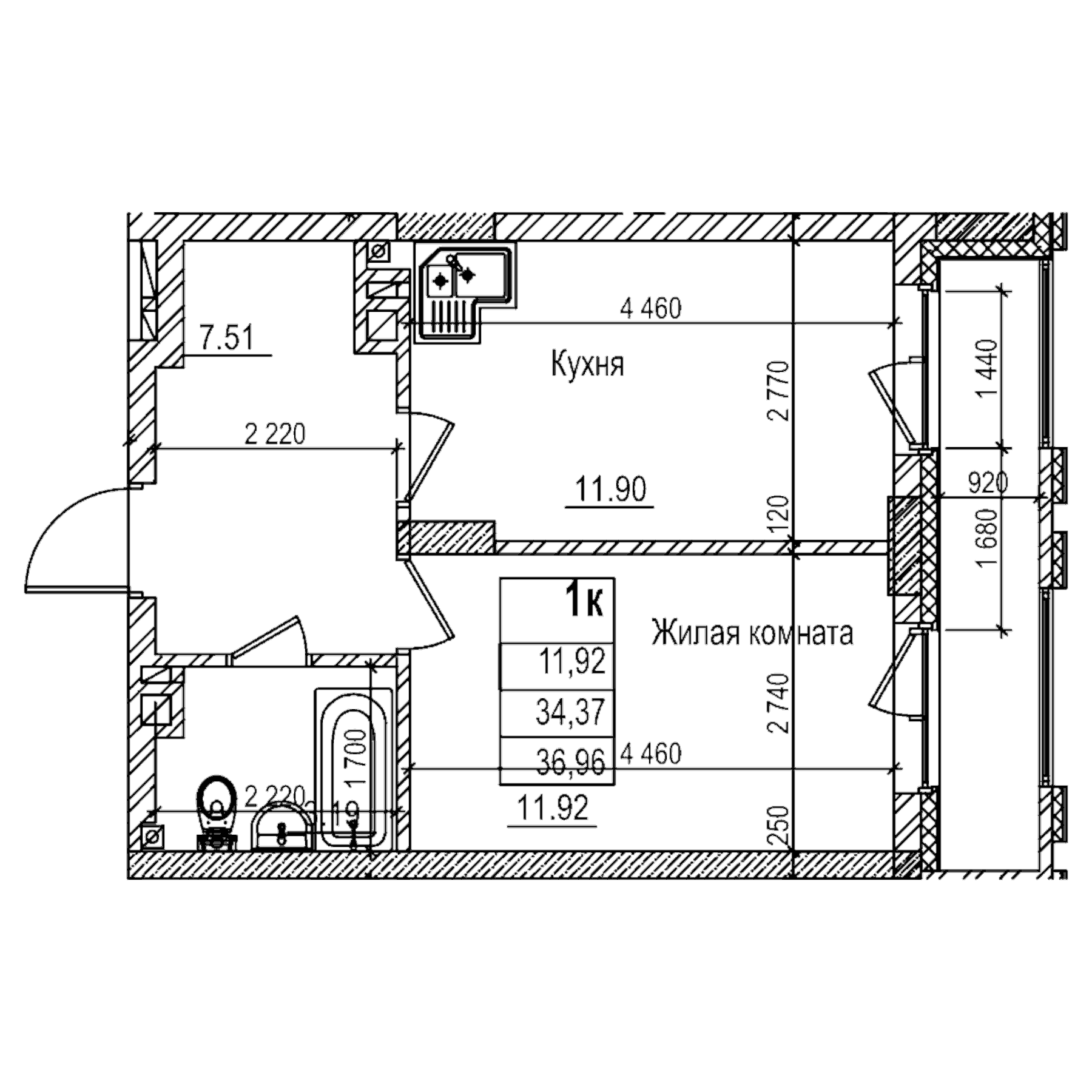Планировка — Чернышевский, 1-комн., 34 м²